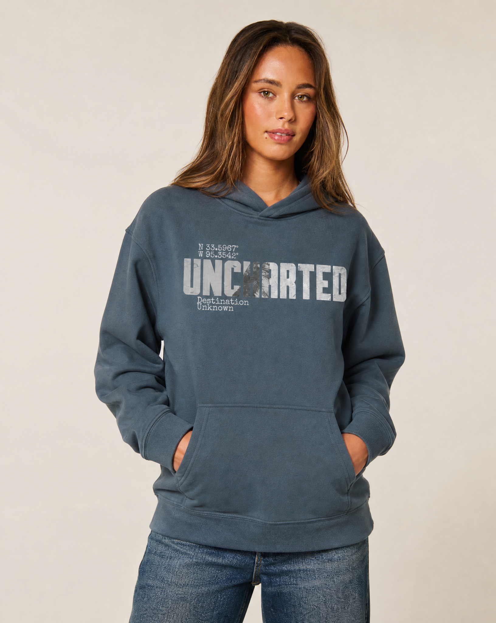 Valley Youth Uncharted hoody in gray blue on model, front view