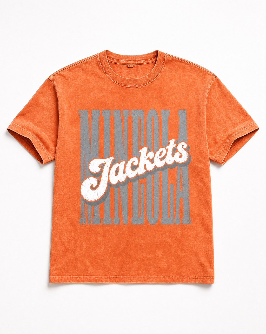 Mineola Jackets orange snow washed tee flat lay, front