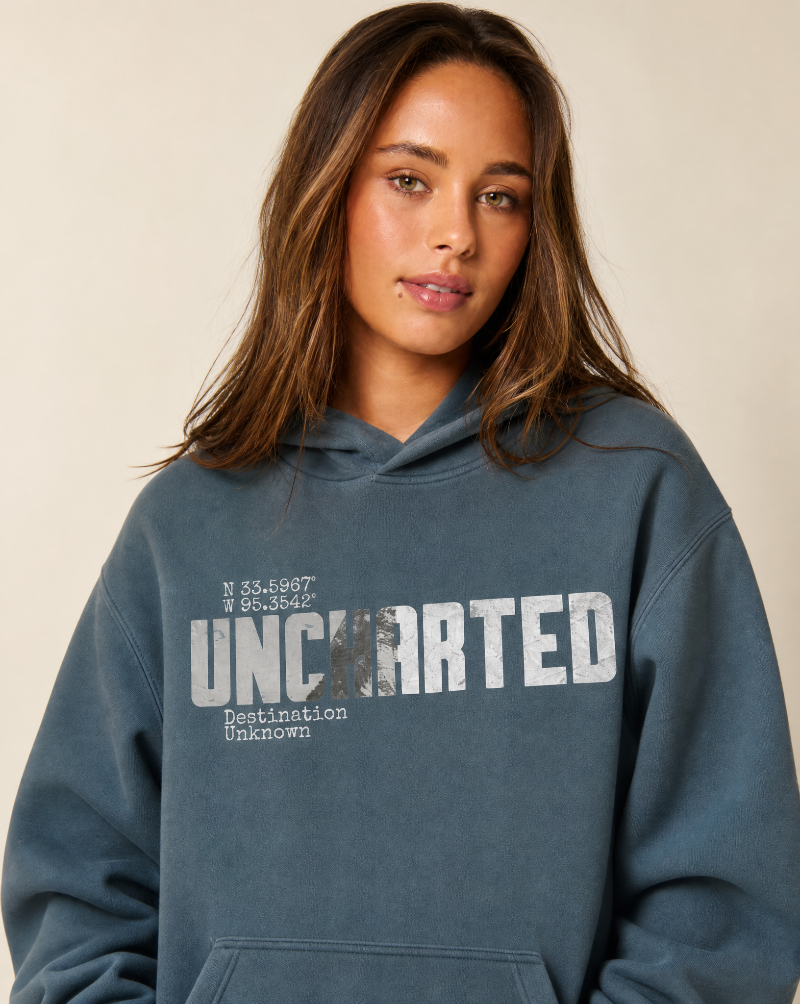 Uncharted graphic close-up on gray blue hoody