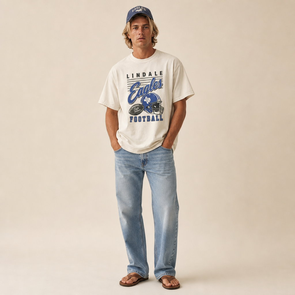 Lindale Eagles Football Retro Tee worn untucked with jeans