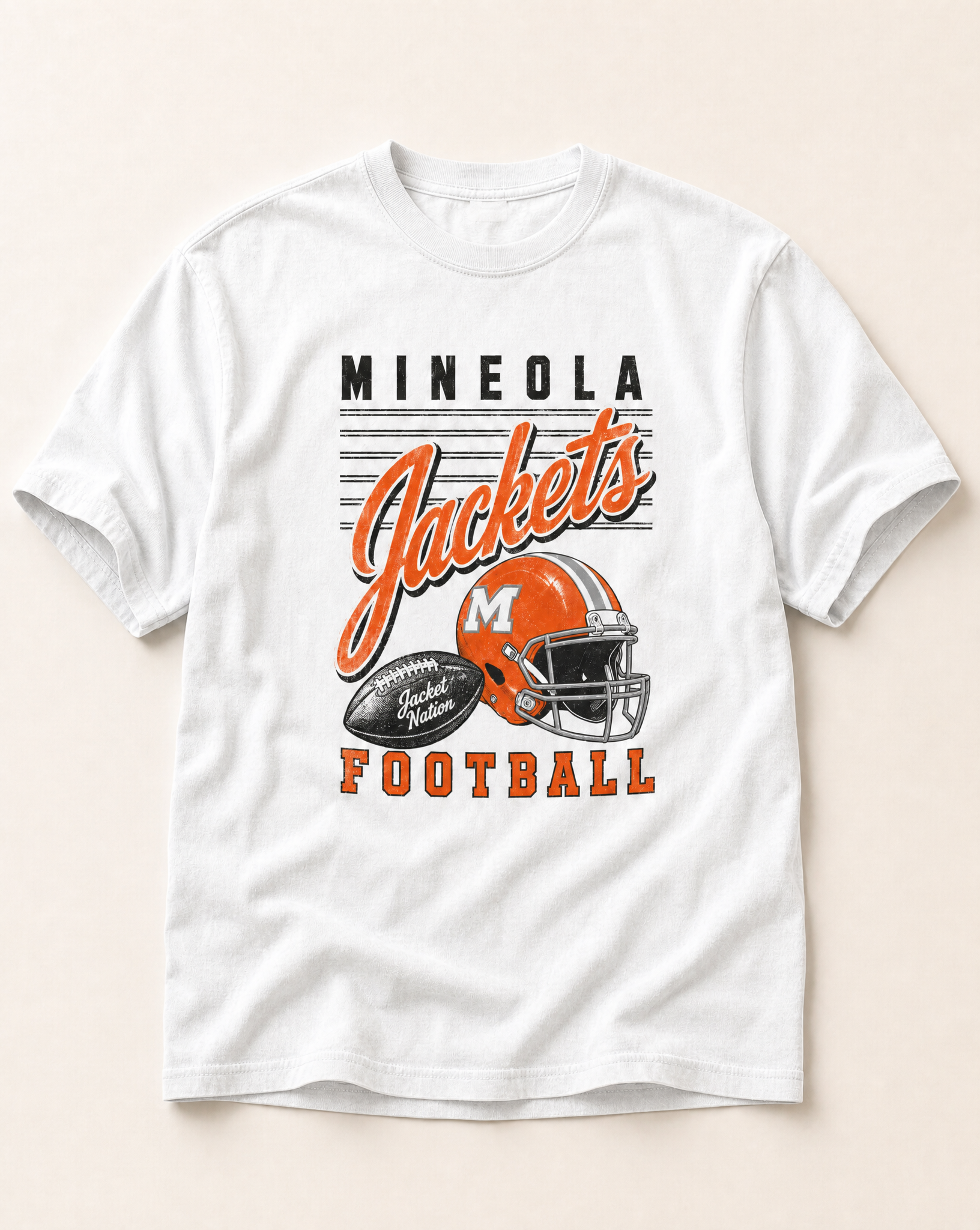Mineola Jackets Football Retro Tee in white, flat lay