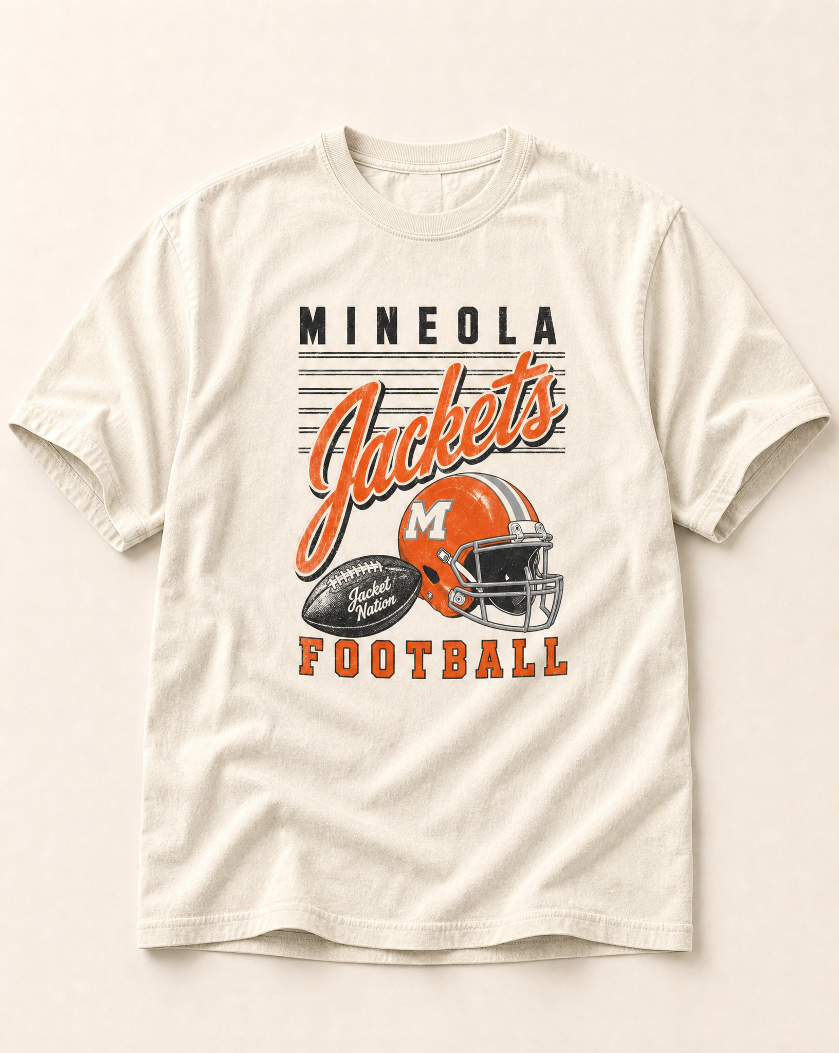 Mineola Jackets Football Retro Tee in ivory, flat lay