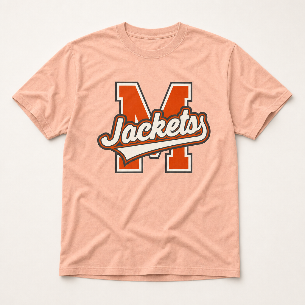 Mineola Jackets Varsity Spirit Tee in Neon Cantaloupe, Comfort Colors C1717 flat lay