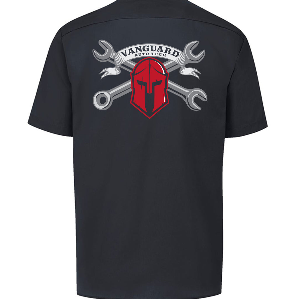 Vanguard Autotech crest Dickies LS535 shop shirt in black, back view with full-size logo print