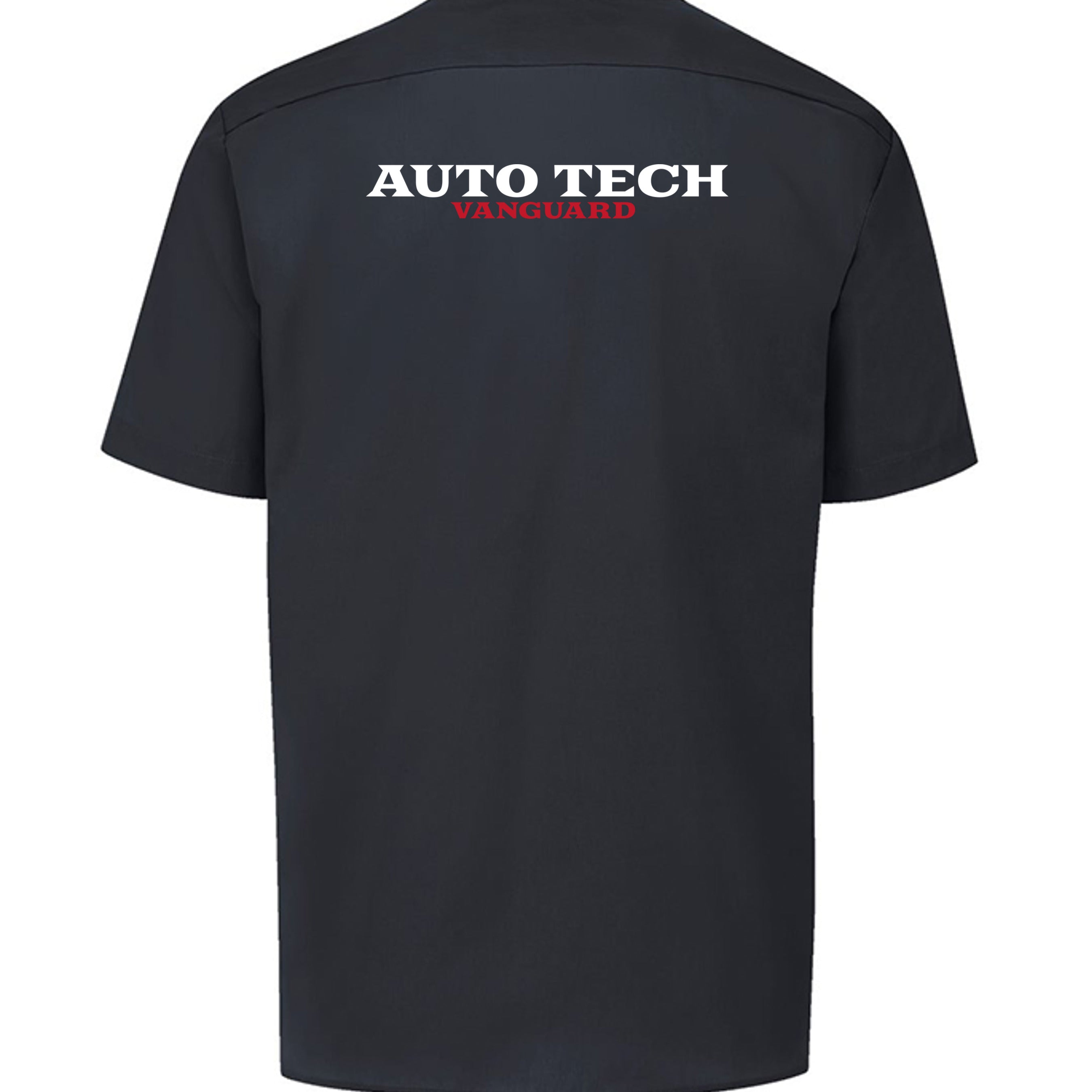 Vanguard Autotech Dickies LS535 shop shirt in black, back view with full-size logo print