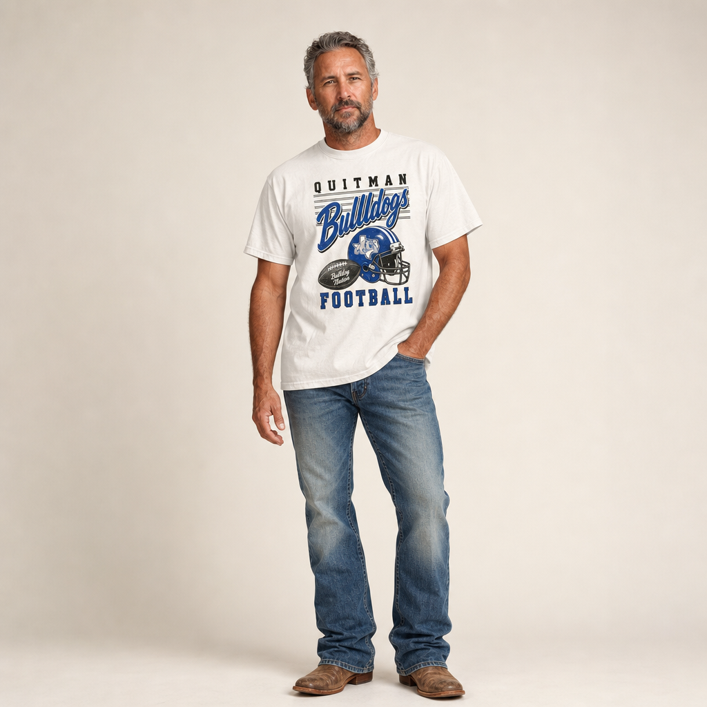 Quitman Bulldogs Football Retro Tee worn untucked with bootcut jeans and boots