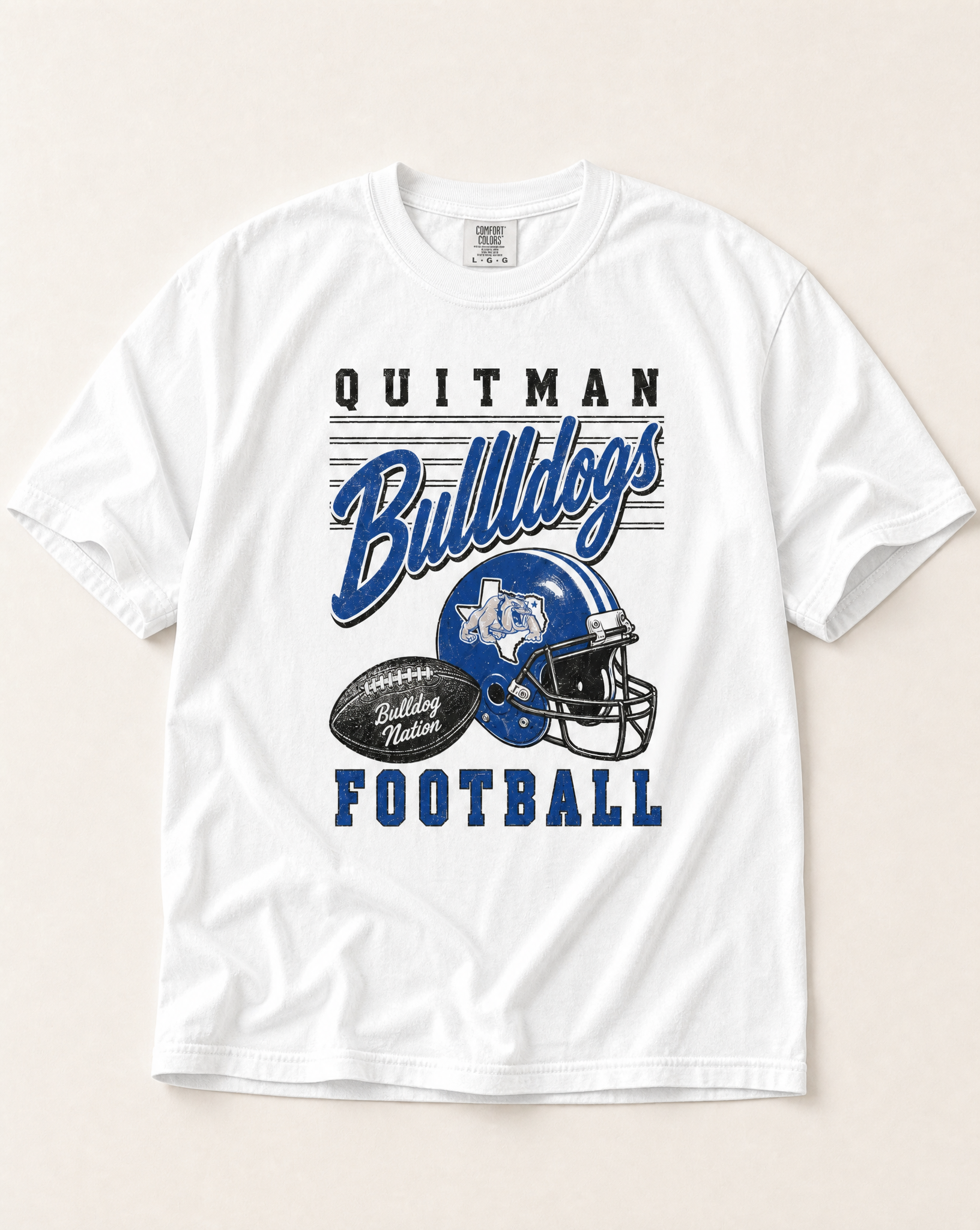 Quitman Bulldogs Football Retro Tee in white, flat lay