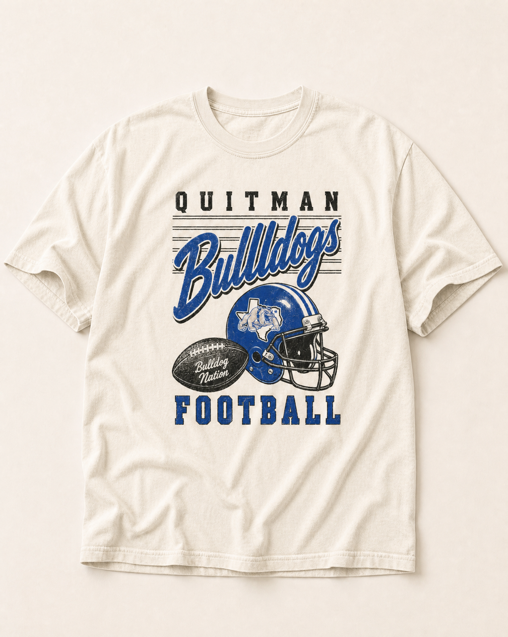 Quitman Bulldogs Football Retro Tee in ivory, flat lay