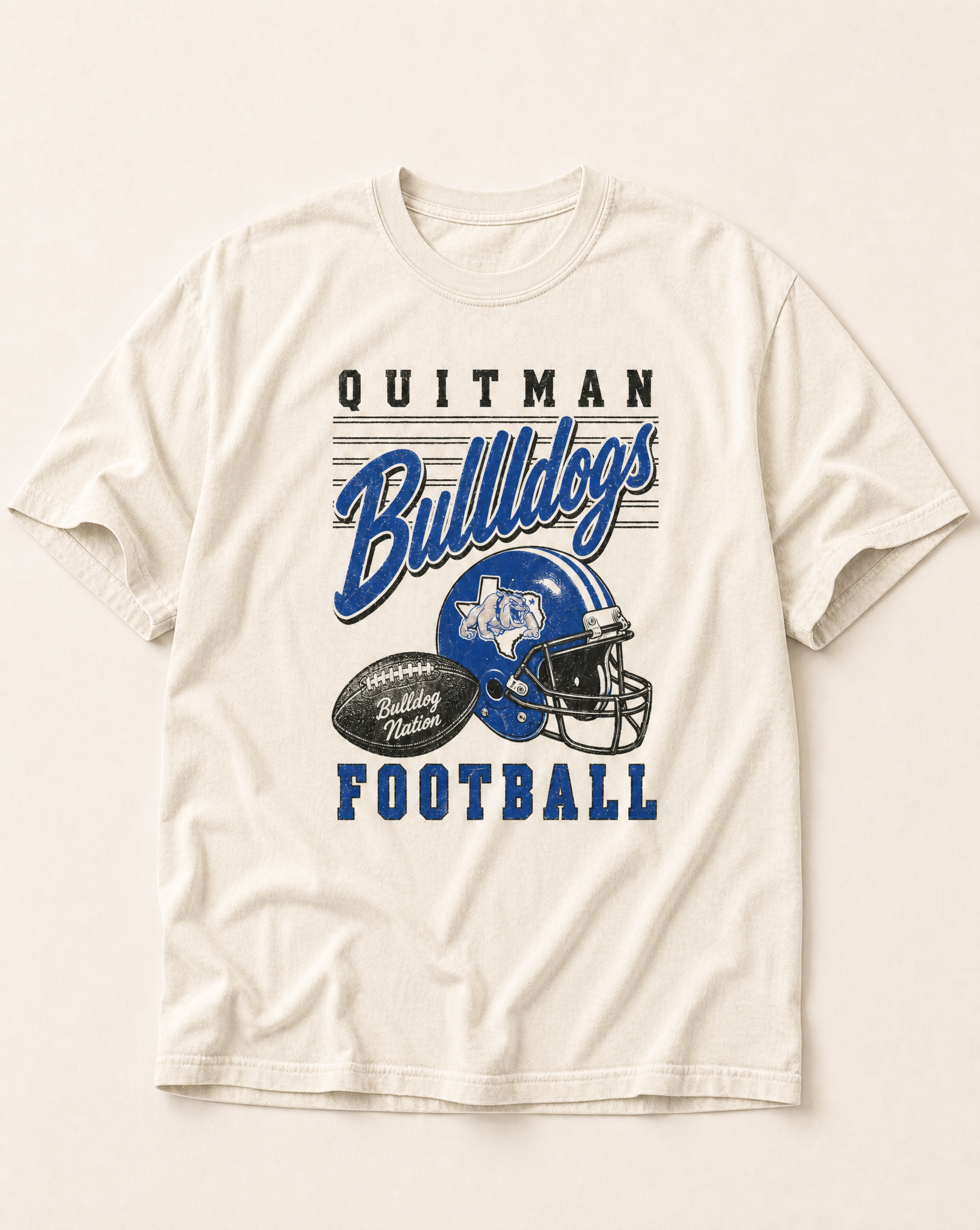 Quitman Bulldogs Football Retro Tee in ivory, flat lay