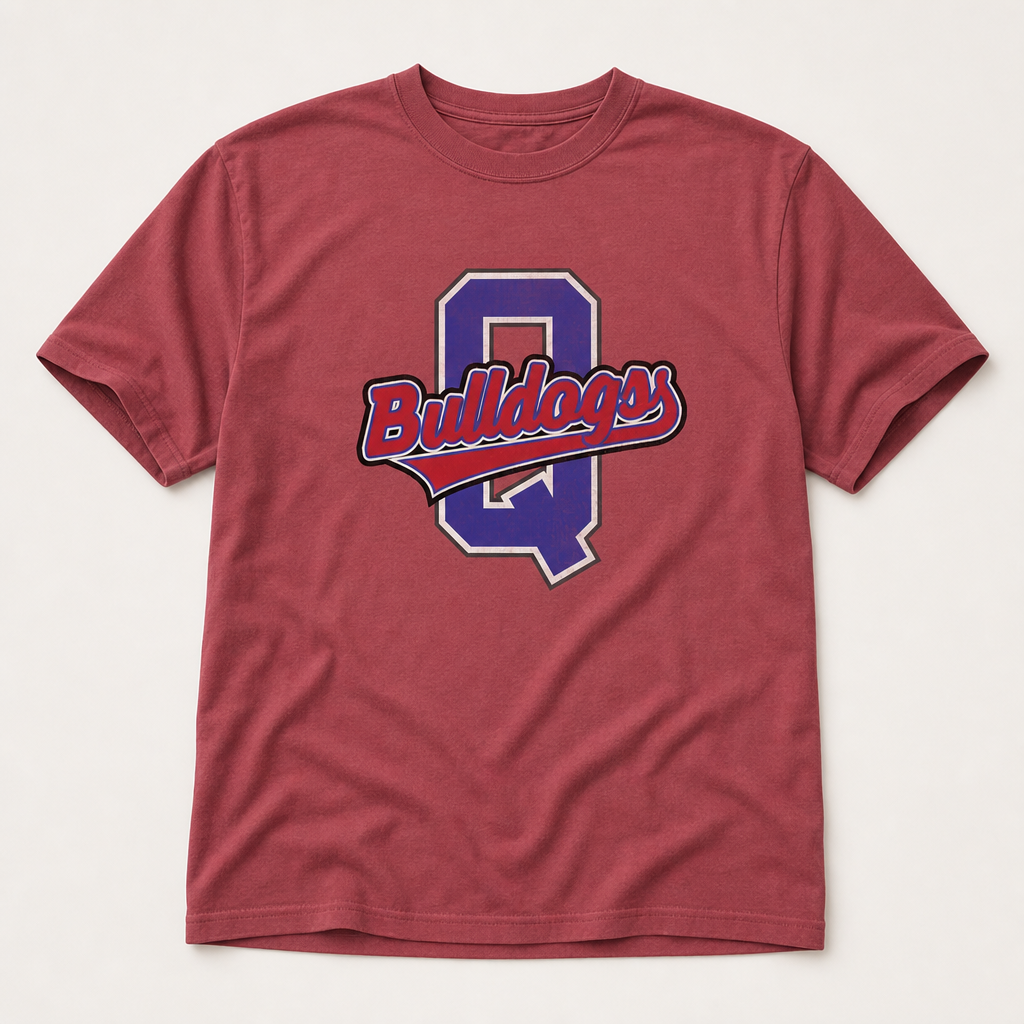 Quitman Bulldogs Varsity Spirit Tee in Crimson, Comfort Colors C1717 flat lay