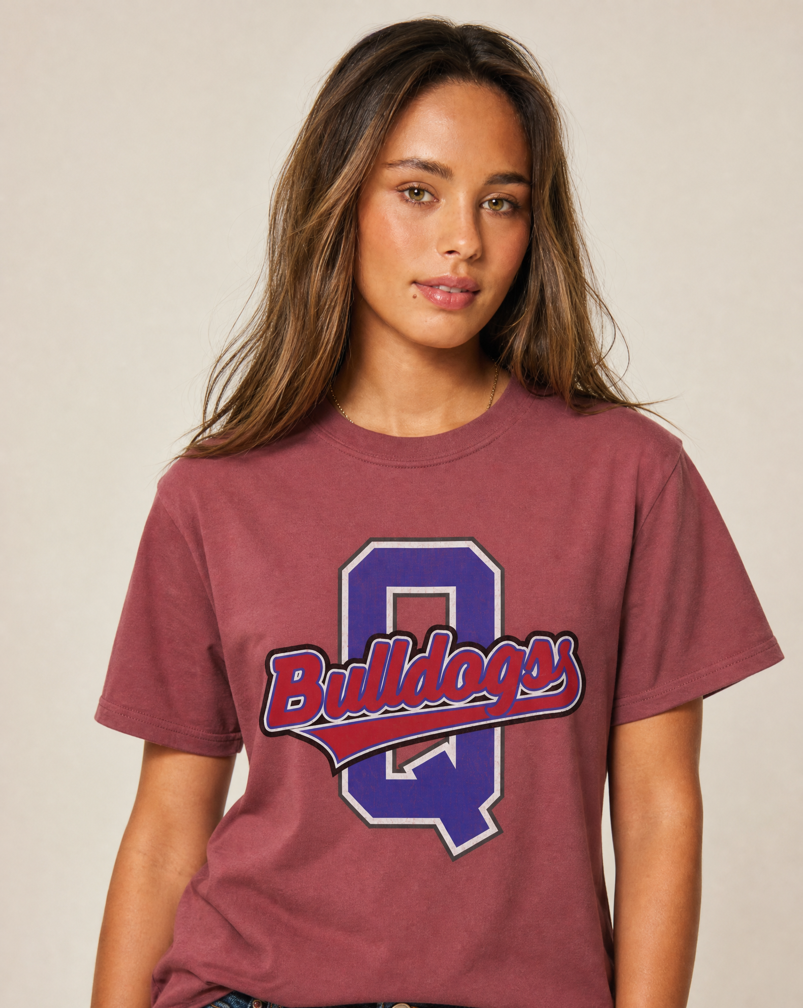 Close-up of the Quitman Bulldogs varsity print in Crimson