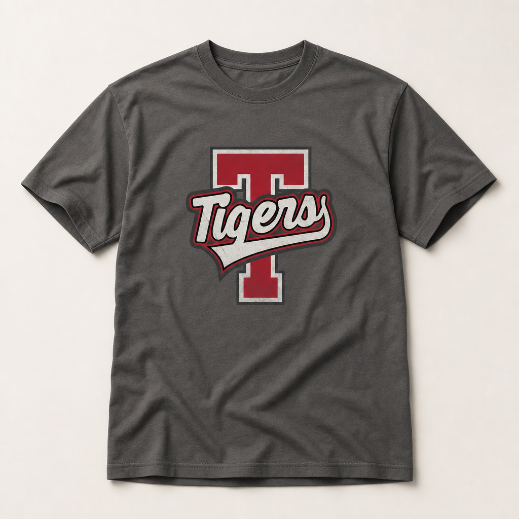 Terrell Tigers Varsity Spirit Tee in Pepper, Comfort Colors C1717 flat lay