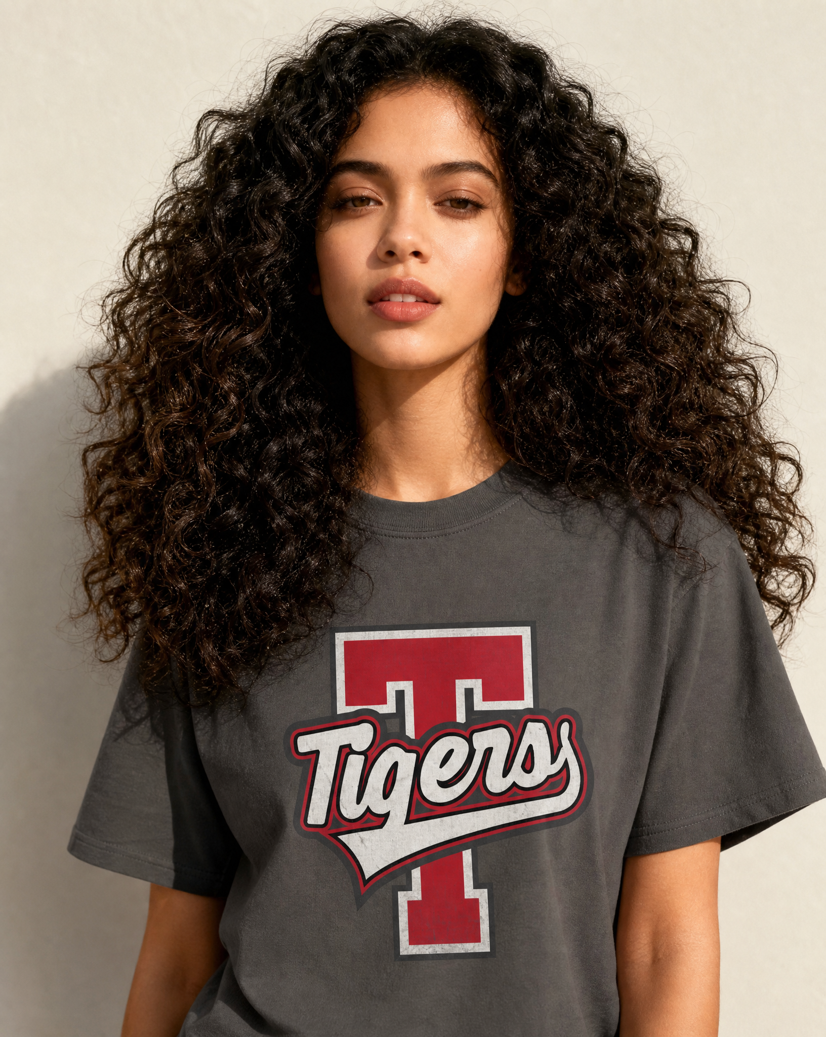 Close-up of the Terrell Tigers varsity print in Pepper