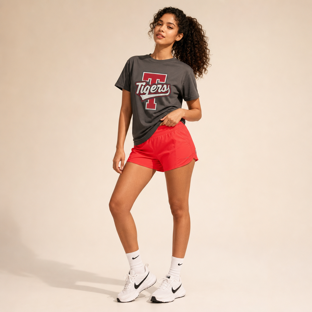 Model wearing the Terrell Tigers Varsity Spirit Tee in Pepper by Dane Apparel