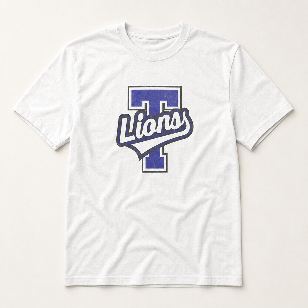 Tyler High Lions Varsity Spirit Tee in White, Comfort Colors C1717 flat lay