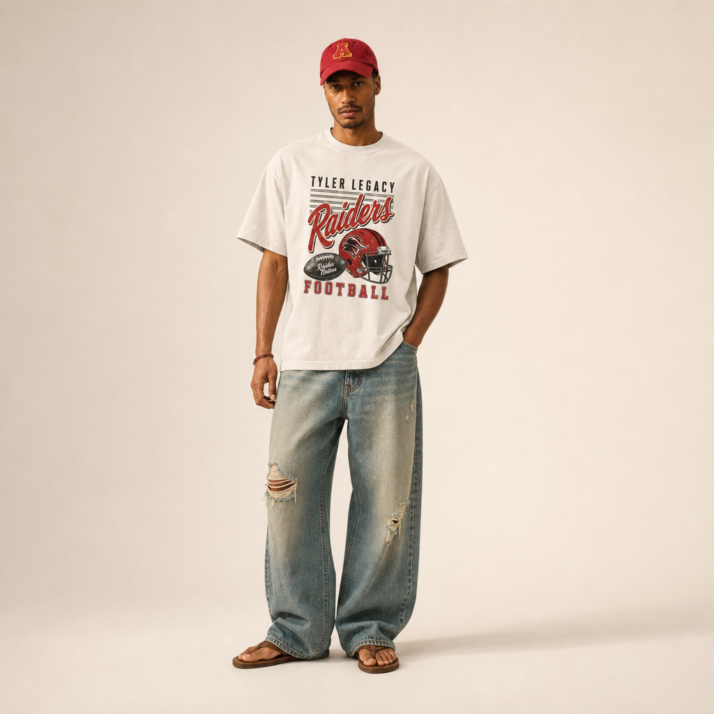 Tyler Legacy Raiders Football Retro Tee worn untucked with wide leg jeans