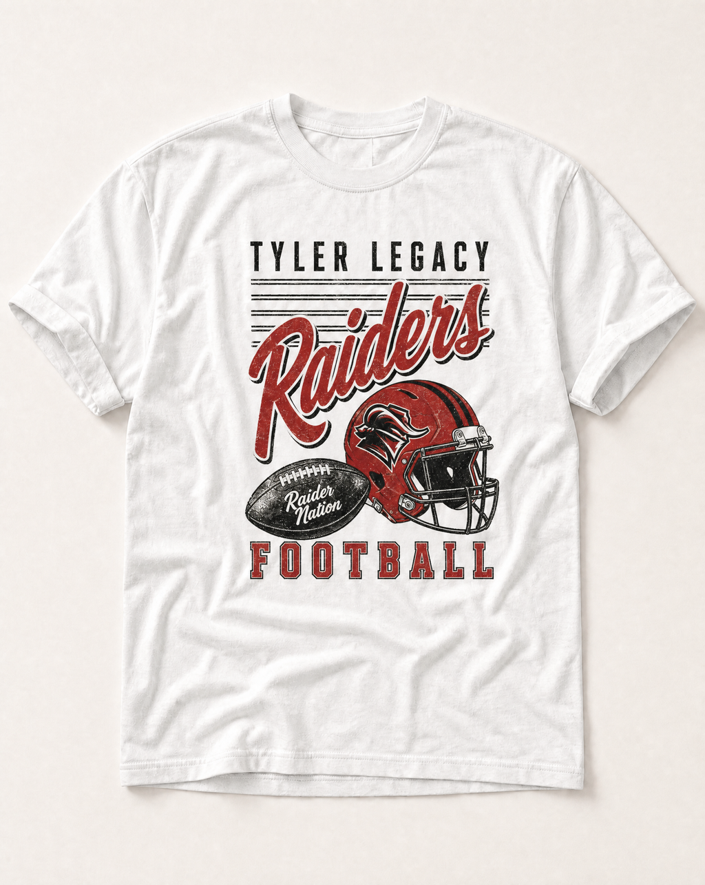 Tyler Legacy Raiders Football Retro Tee in white, flat lay