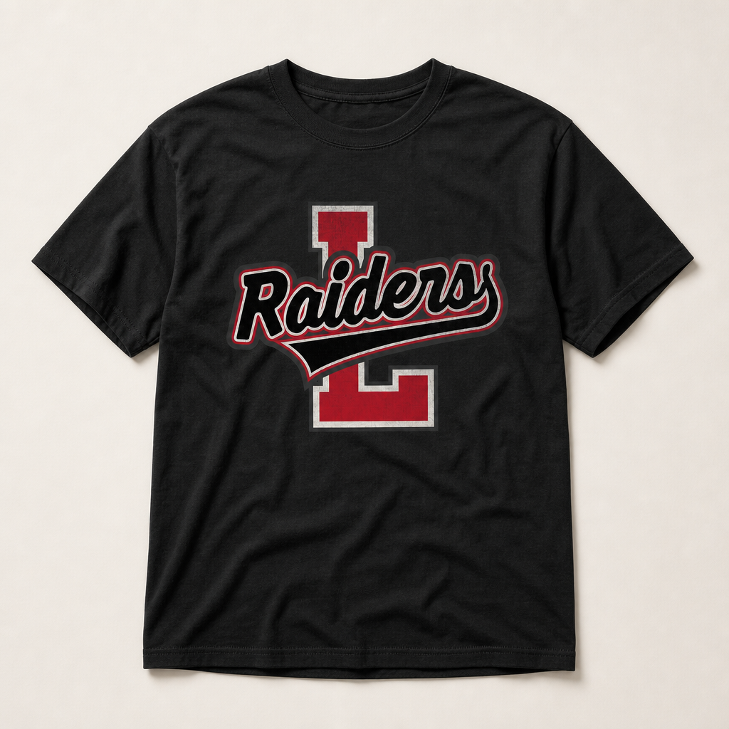 Tyler Legacy Raiders Varsity Spirit Tee in Black, Comfort Colors C1717 flat lay