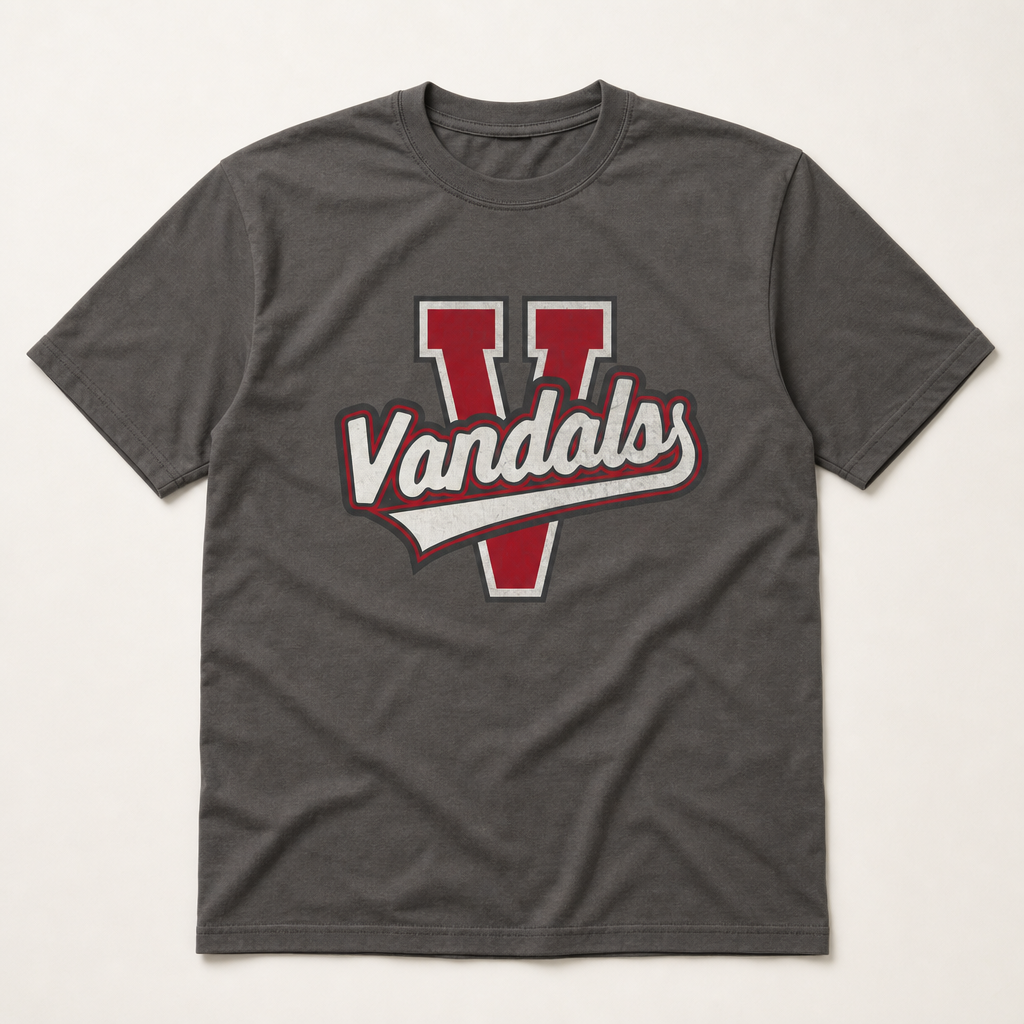 Van Vandals Varsity Spirit Tee in Pepper, Comfort Colors C1717 flat lay