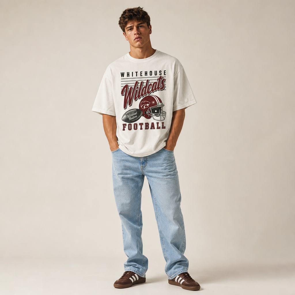 Whitehouse Wildcats Football Retro Tee worn untucked with jeans