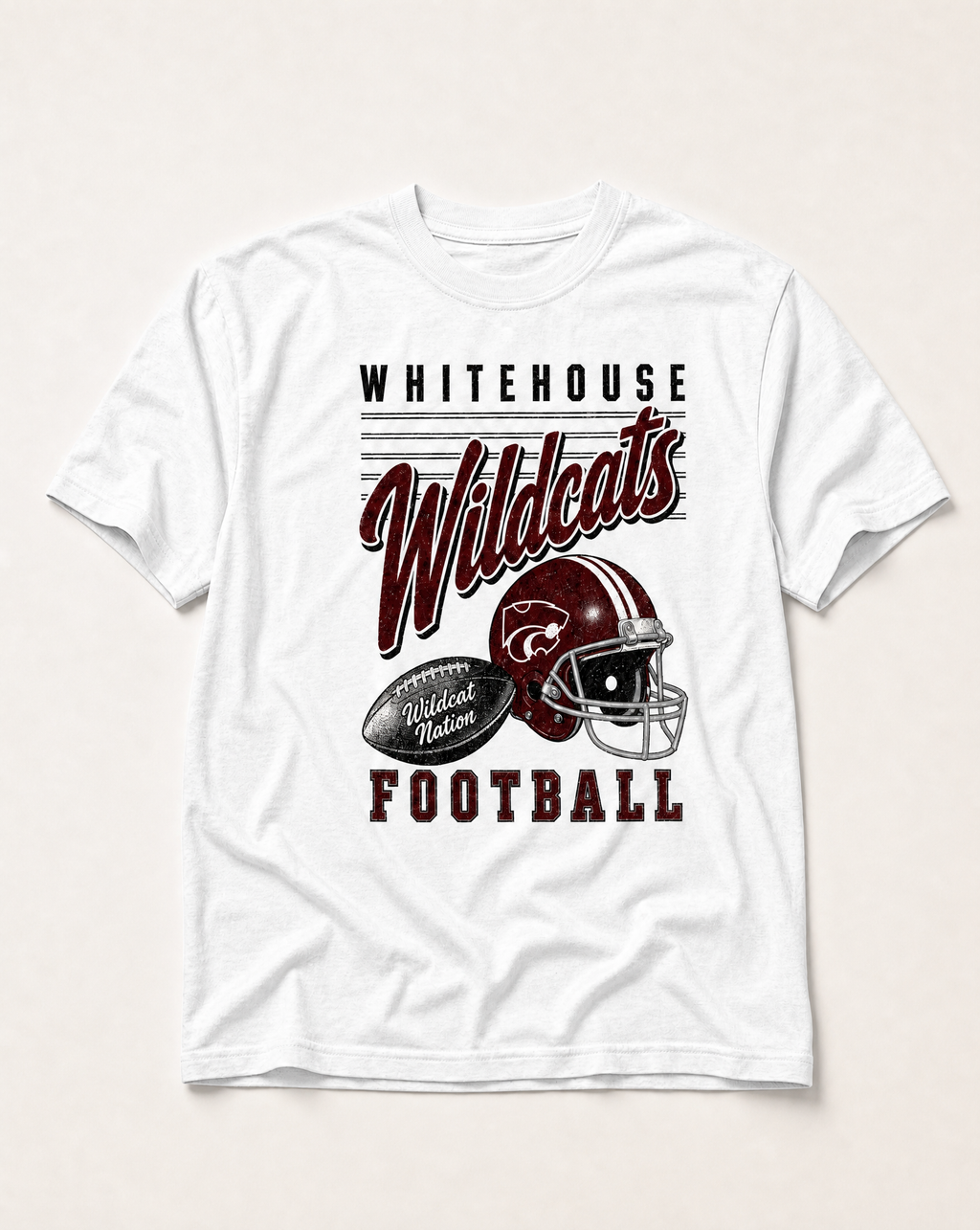 Whitehouse Wildcats Football Retro Tee in white, flat lay