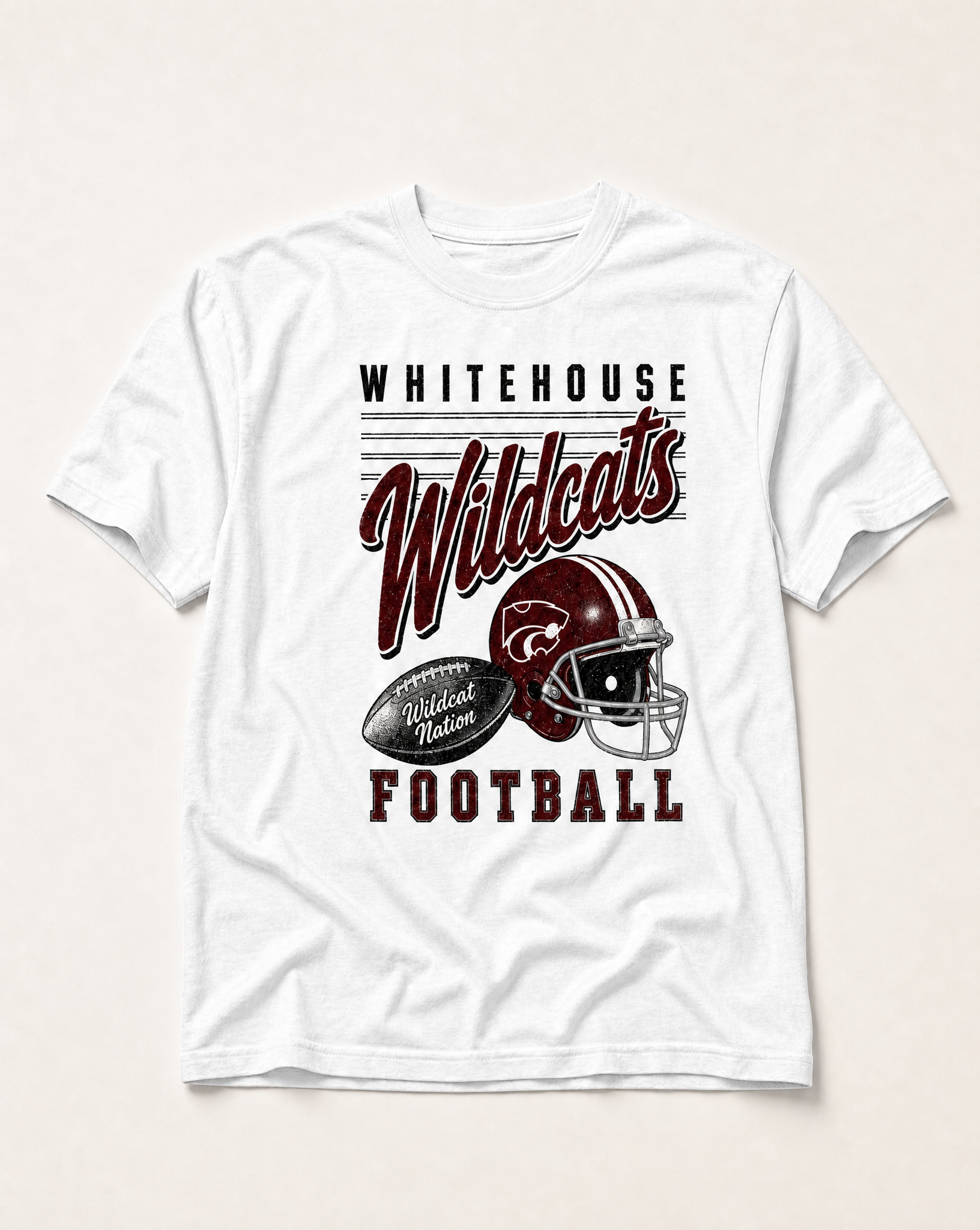Whitehouse Wildcats Football Retro Tee in white, flat lay