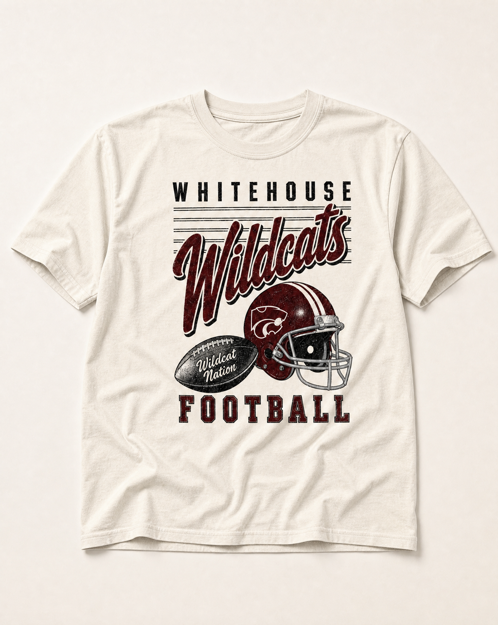 Whitehouse Wildcats Football Retro Tee in ivory, flat lay