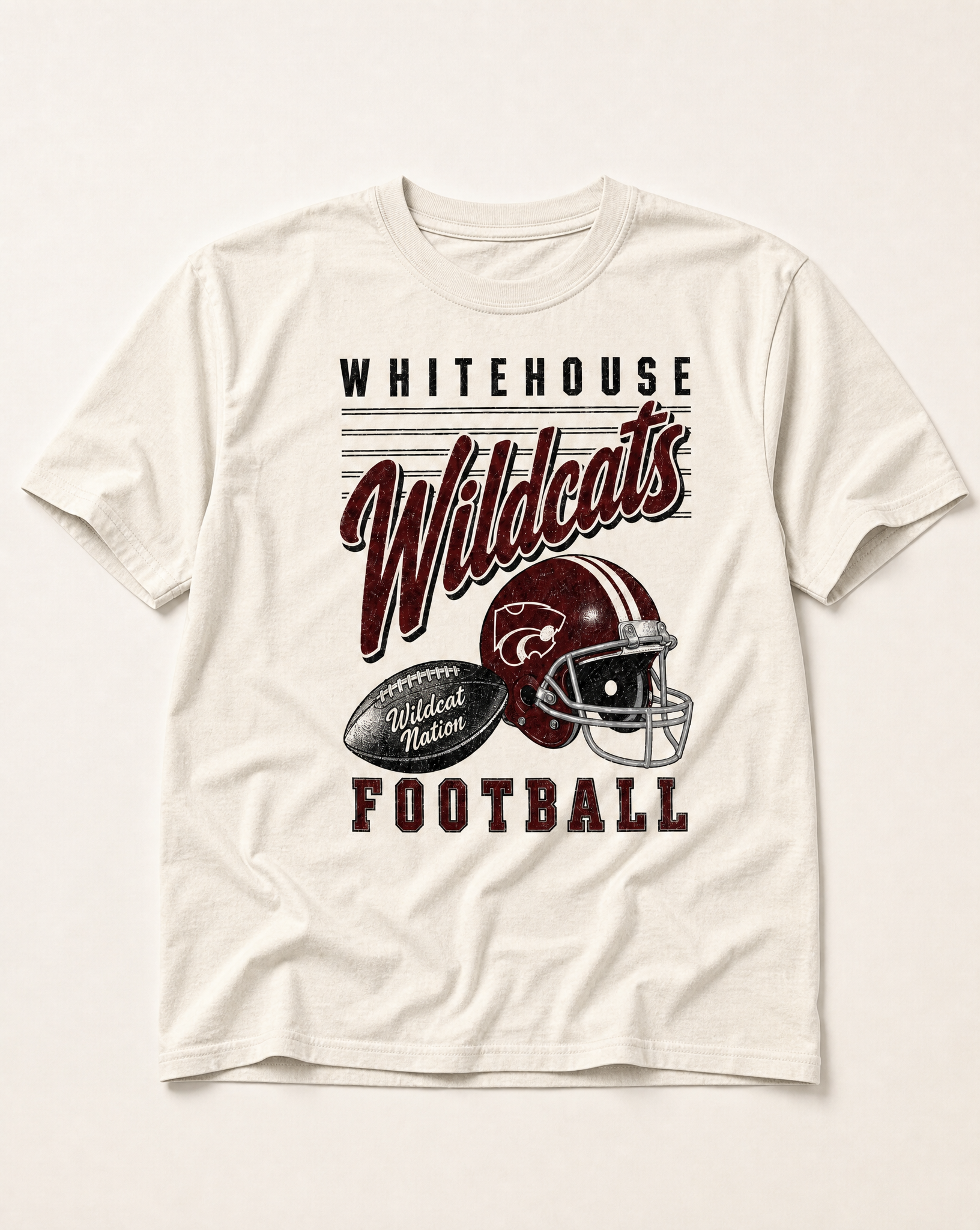 Whitehouse Wildcats Football Retro Tee in ivory, flat lay