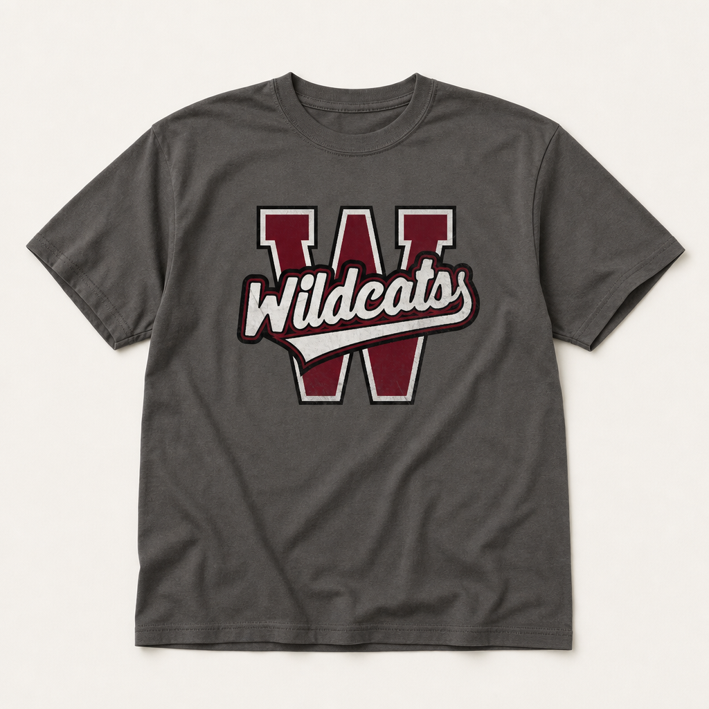 Whitehouse Wildcats Varsity Spirit Tee in Pepper, Comfort Colors C1717 flat lay