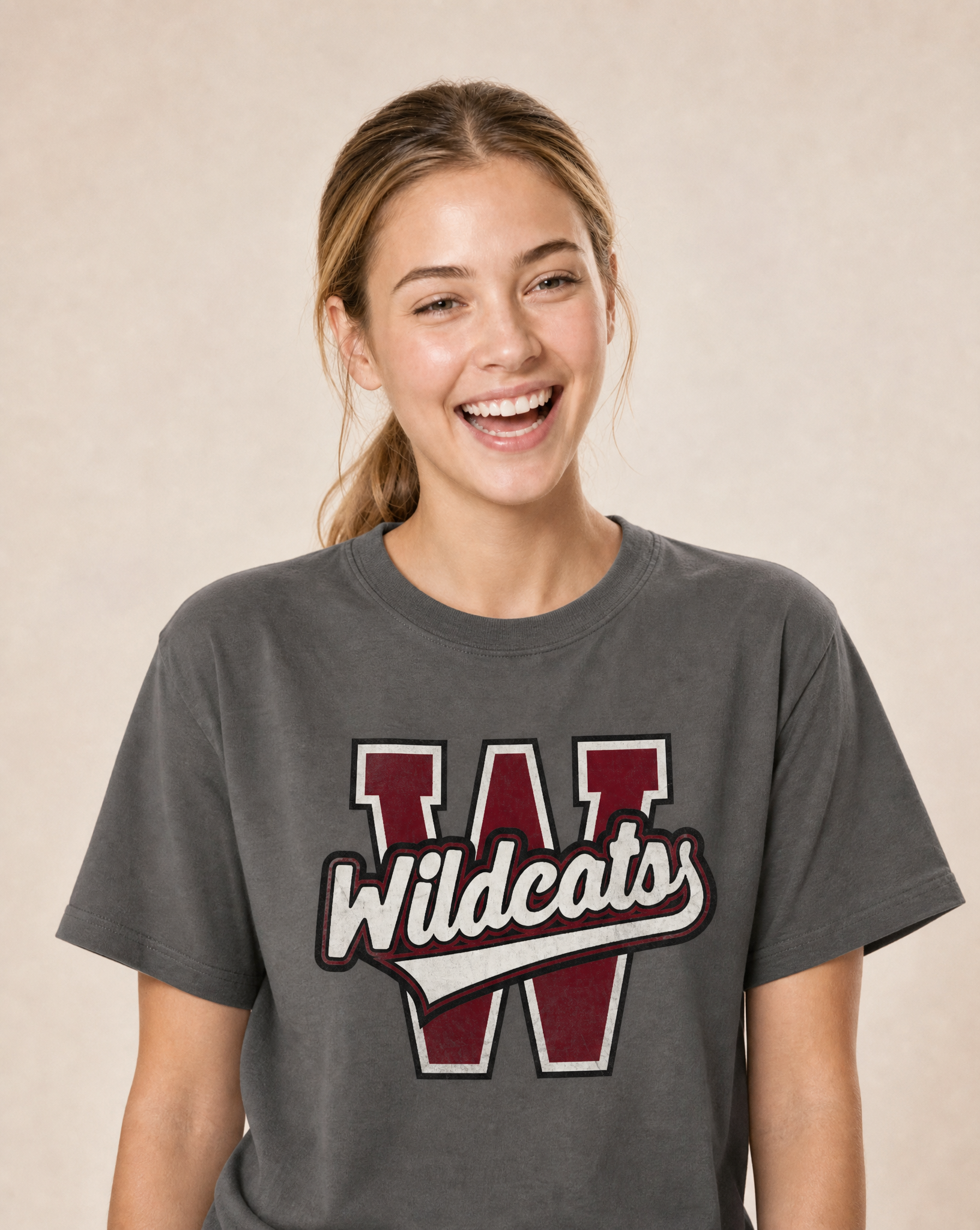 Close-up of the Whitehouse Wildcats varsity print in Pepper