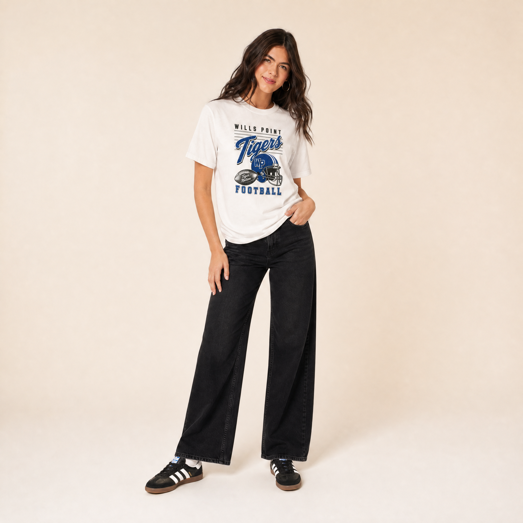 Wills Point Tigers Football Retro Tee — vintage helmet and Tigers script graphic in blue, worn by a model