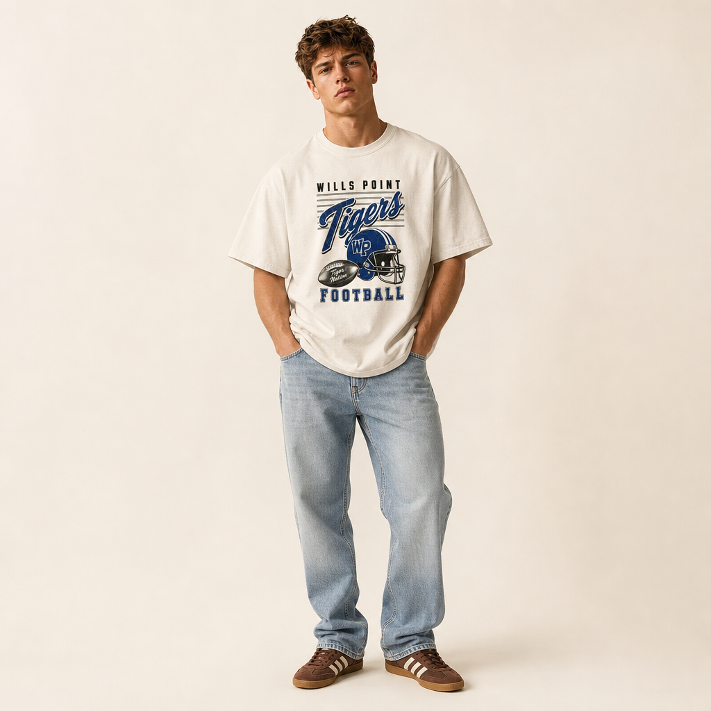 Wills Point Tigers Football Retro Tee worn untucked with jeans