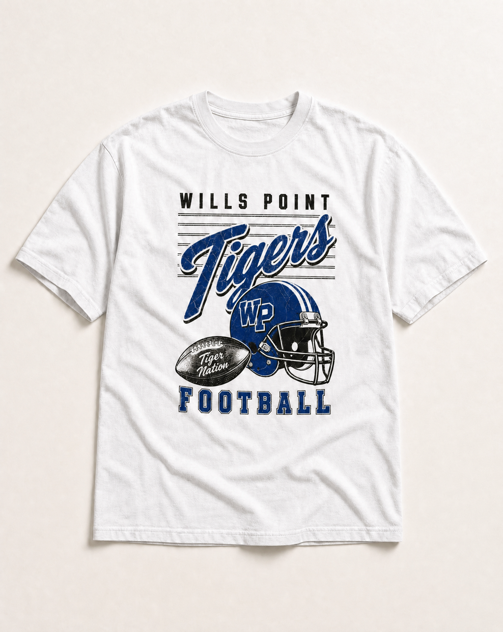 Wills Point Tigers Football Retro Tee in white, flat lay
