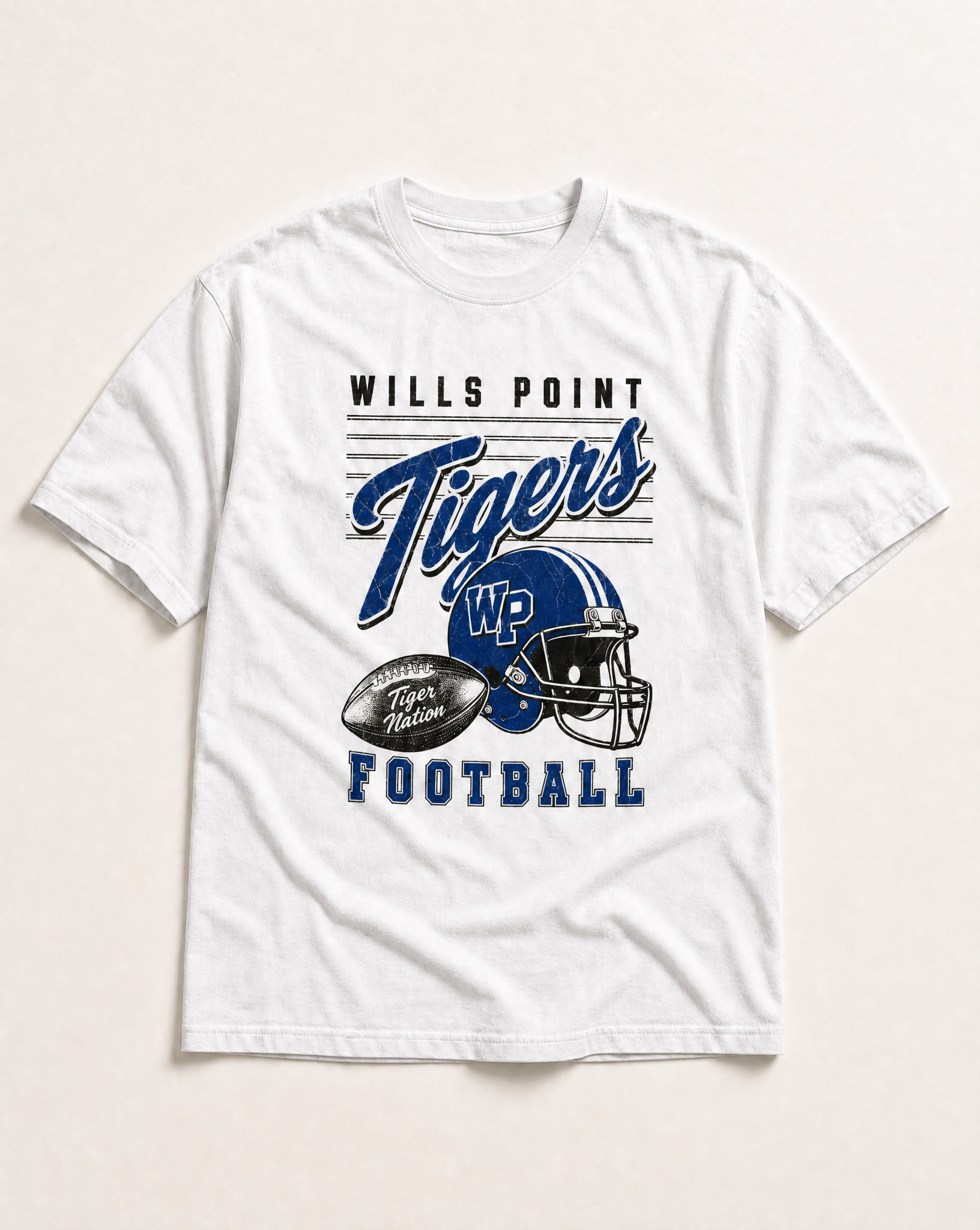 Wills Point Tigers Football Retro Tee in white, flat lay
