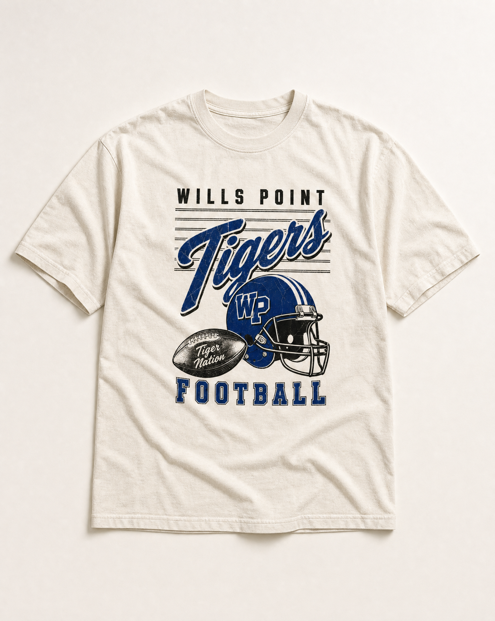 Wills Point Tigers Football Retro Tee flat lay, front graphic