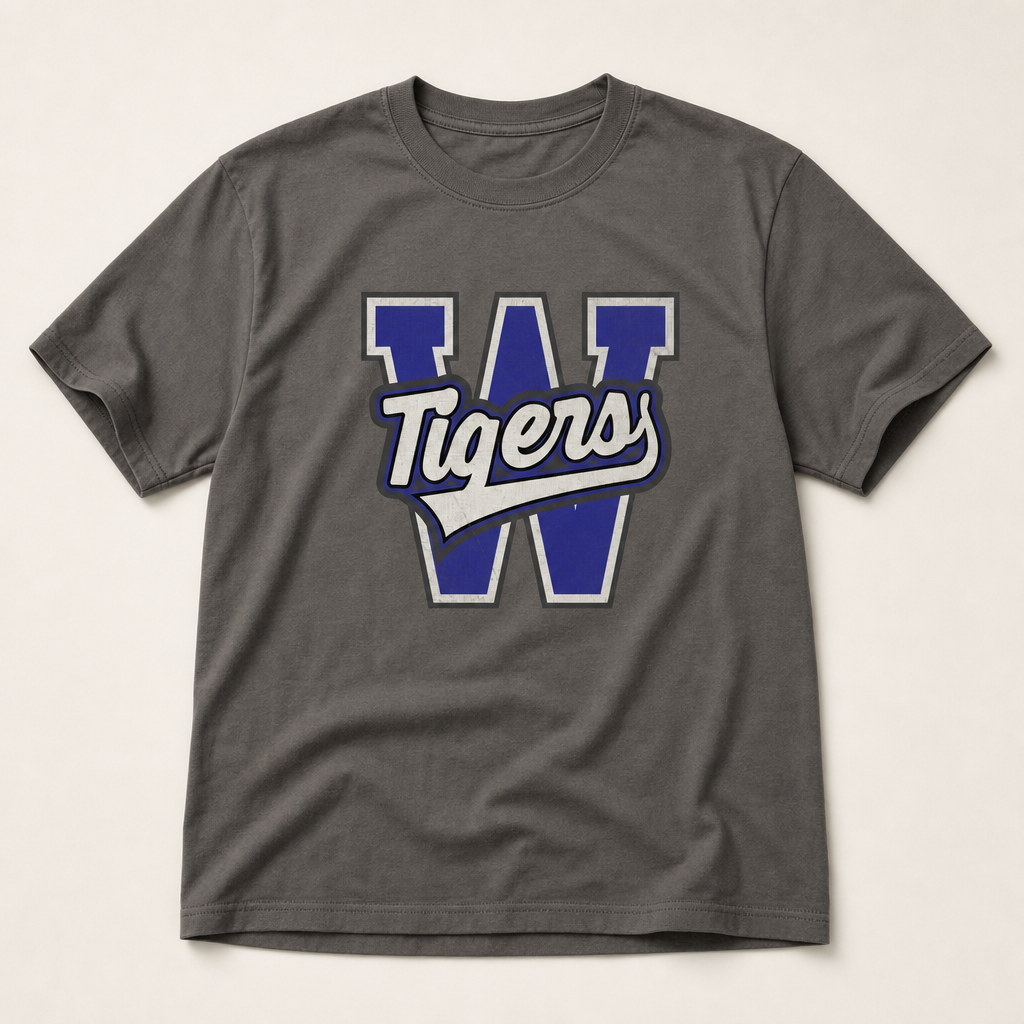 Wills Point Tigers Varsity Spirit Tee in Pepper, Comfort Colors C1717 flat lay