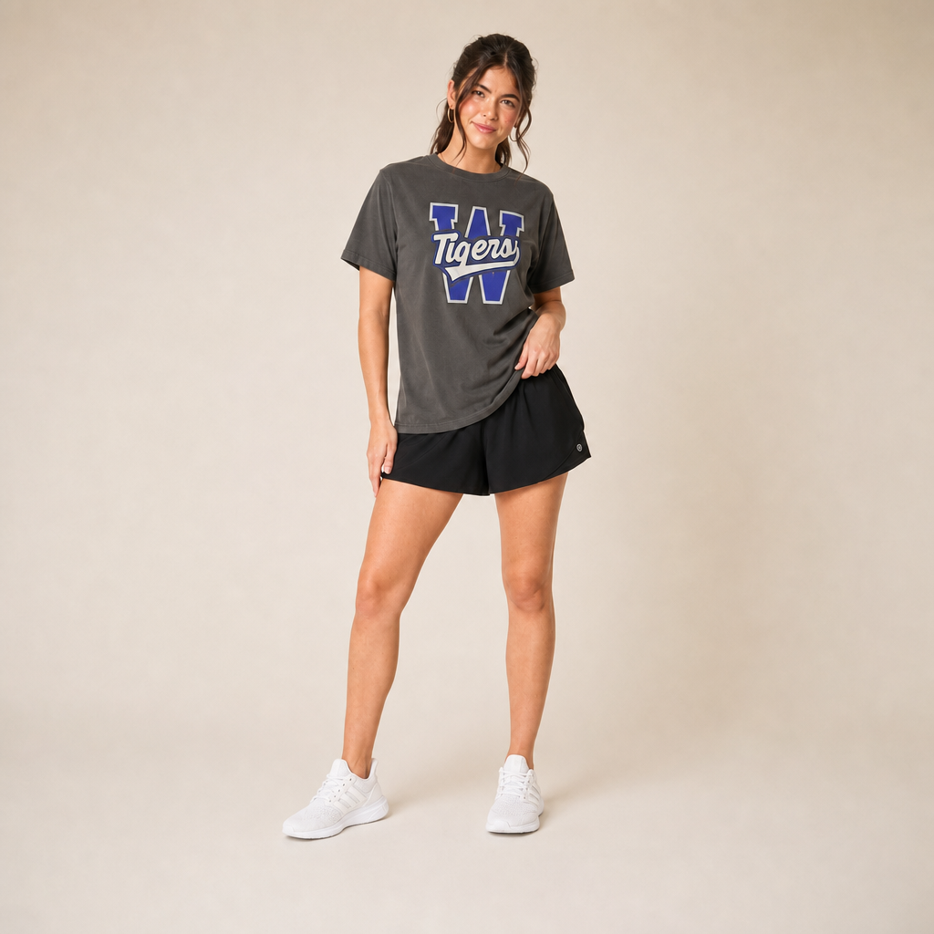 Model wearing the Wills Point Tigers Varsity Spirit Tee in Pepper by Dane Apparel