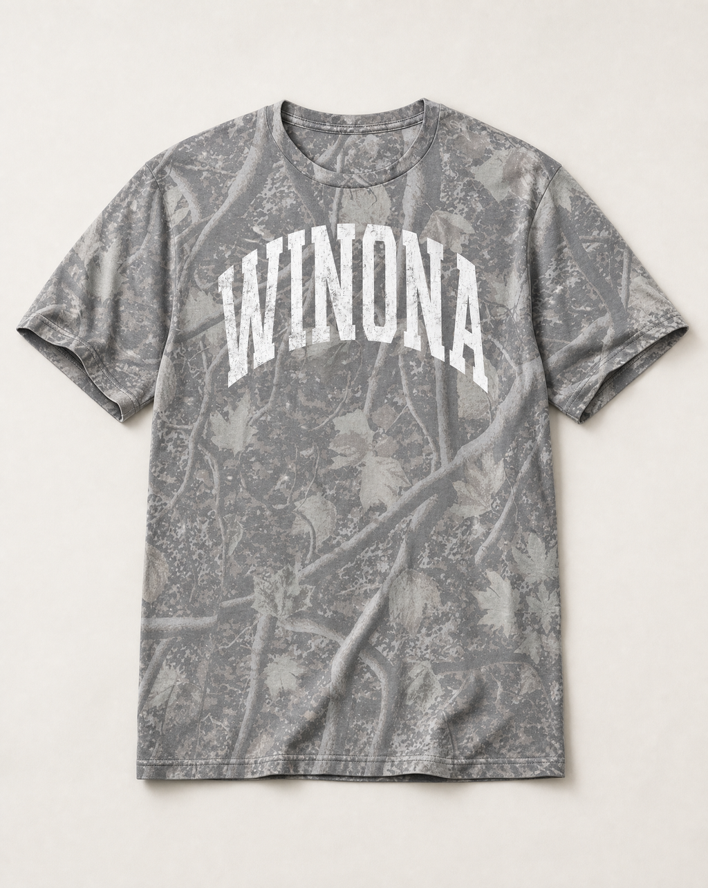 Winona Premium Camo Tee flat lay on Deadwood Tree Camo