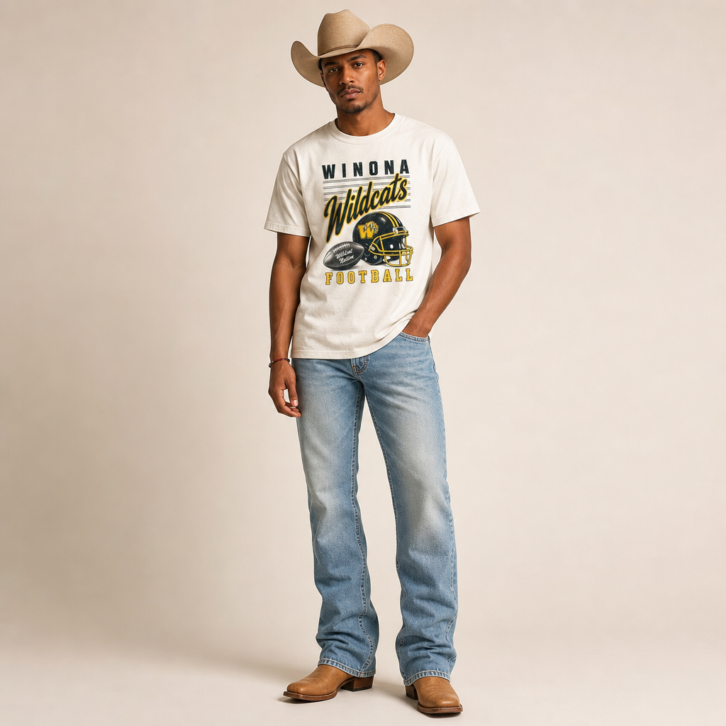 Winona Wildcats Football Retro Tee worn untucked with bootcut jeans and boots