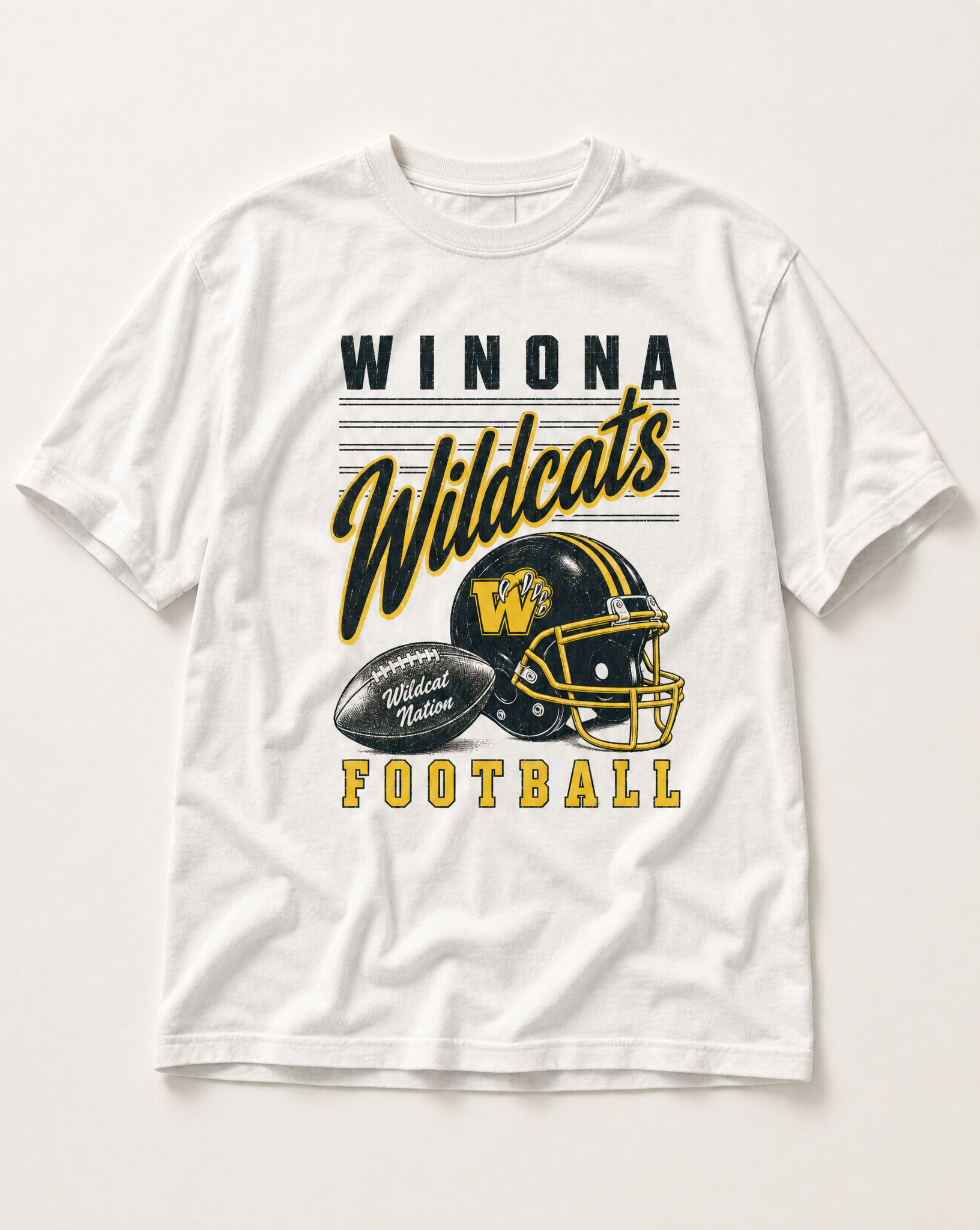 Winona Wildcats Football Retro Tee flat lay, front graphic