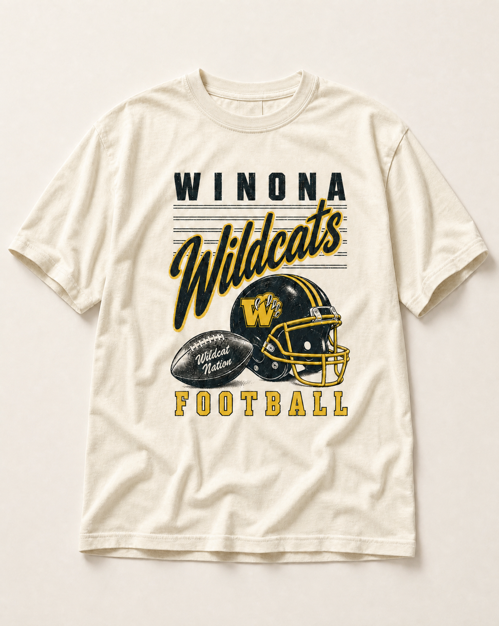 Winona Wildcats Football Retro Tee in ivory, flat lay
